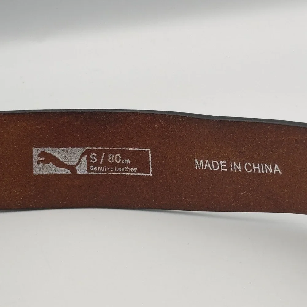 Puma Black Genuine Leather Belt Silver Logo Cutout Plaque Buckle Size S 80cm